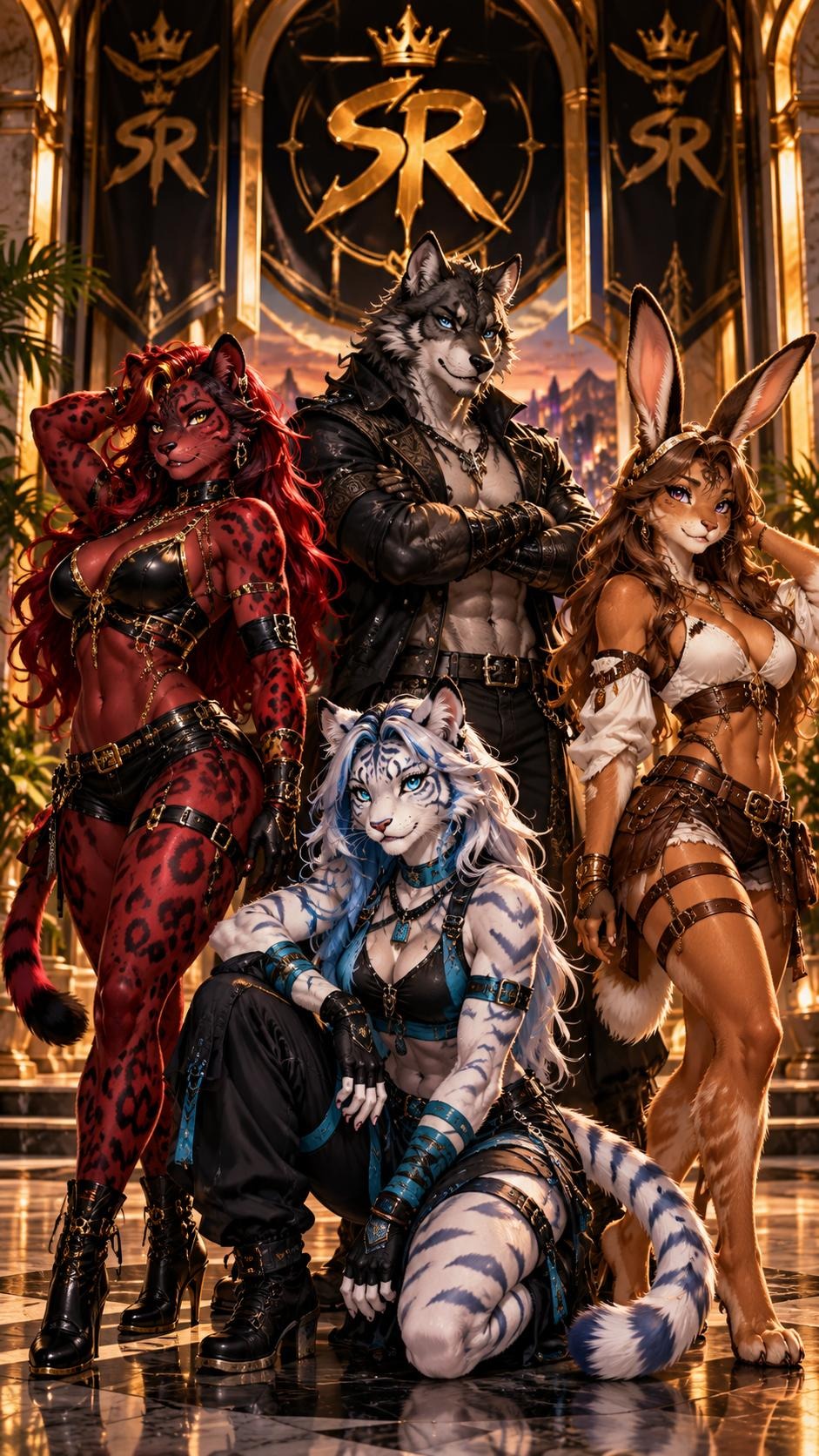 Example characters standing in a Savage Realms hall. A starting screen, not named Citizens.