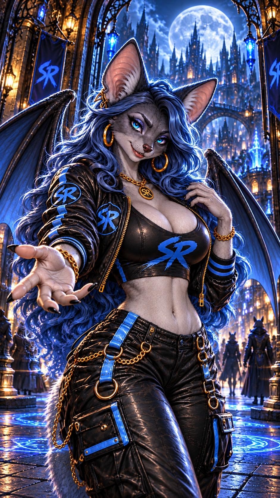Bex stands at a blue-lit entrance and extends her hand into the digital side of Savage Realms.