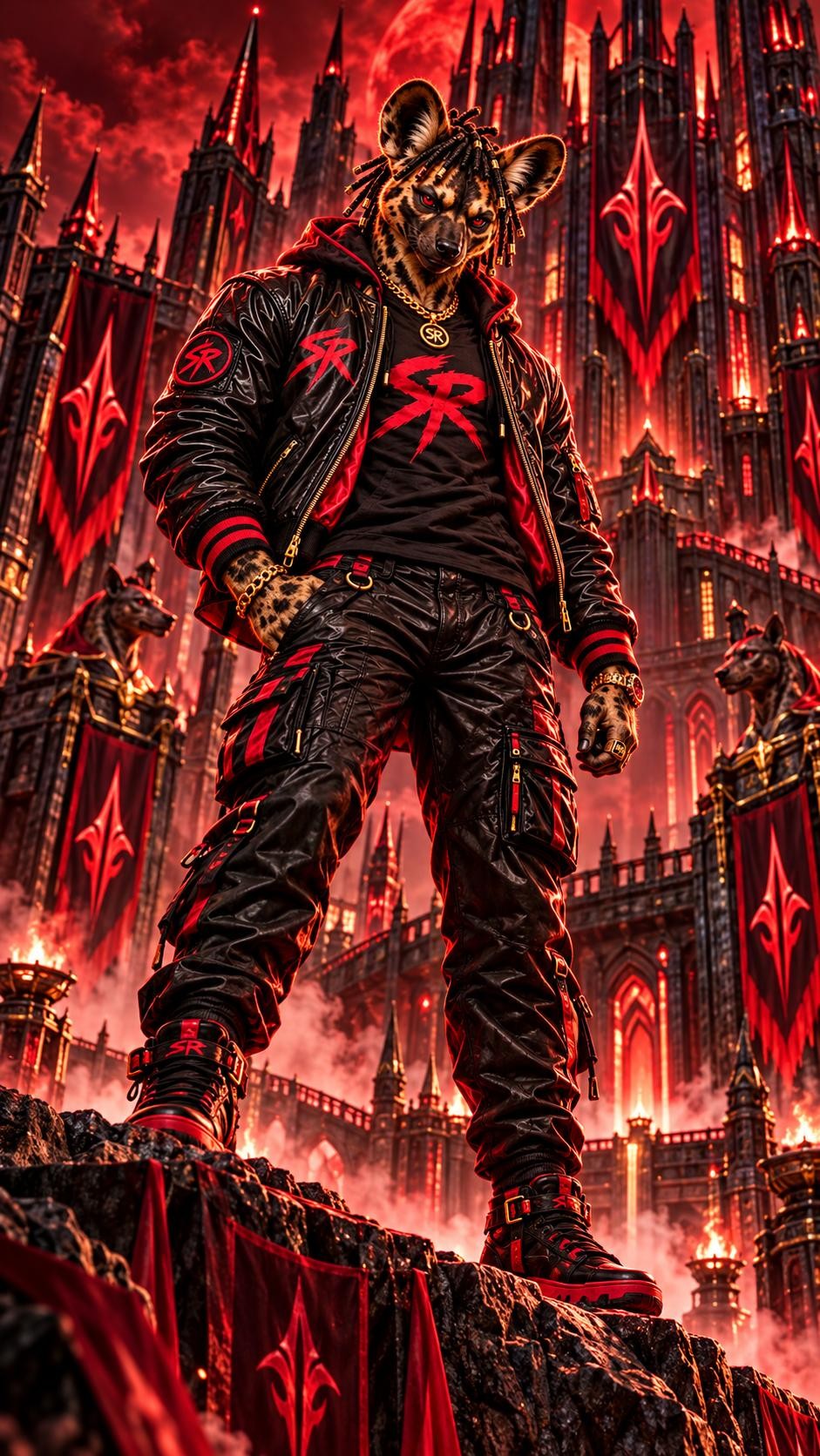 Founder stands above the red city in black-and-red Savage Realms gear.