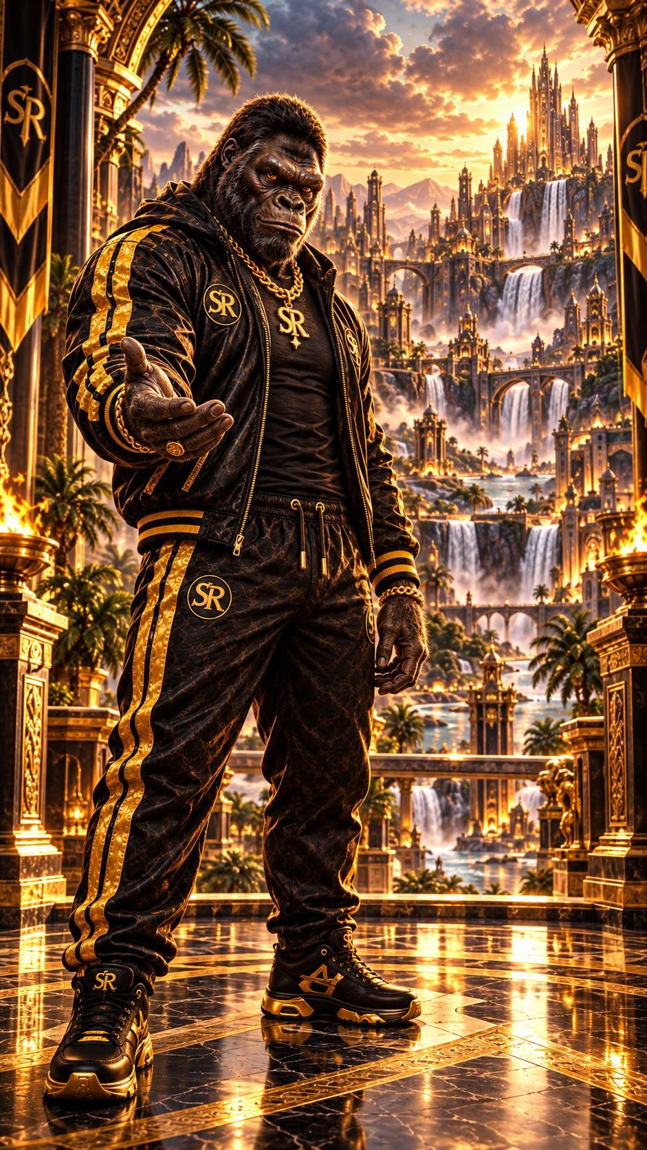 GP stands in a black-and-gold entrance and extends his hand toward the city.