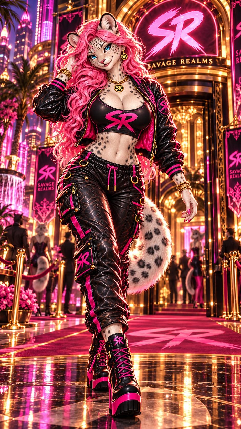 Scarlett steps through the Savage Realms entrance in pink and black, ready for the spotlight.