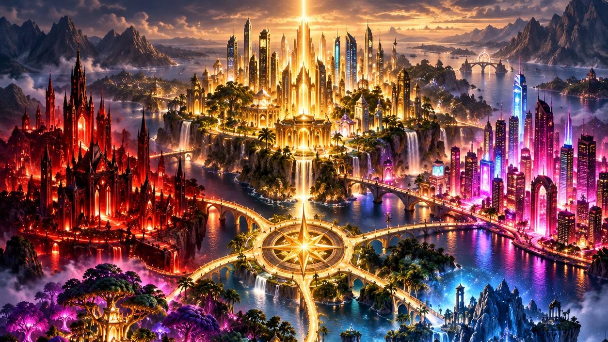 The five districts of Savage Realms, seen from above the water